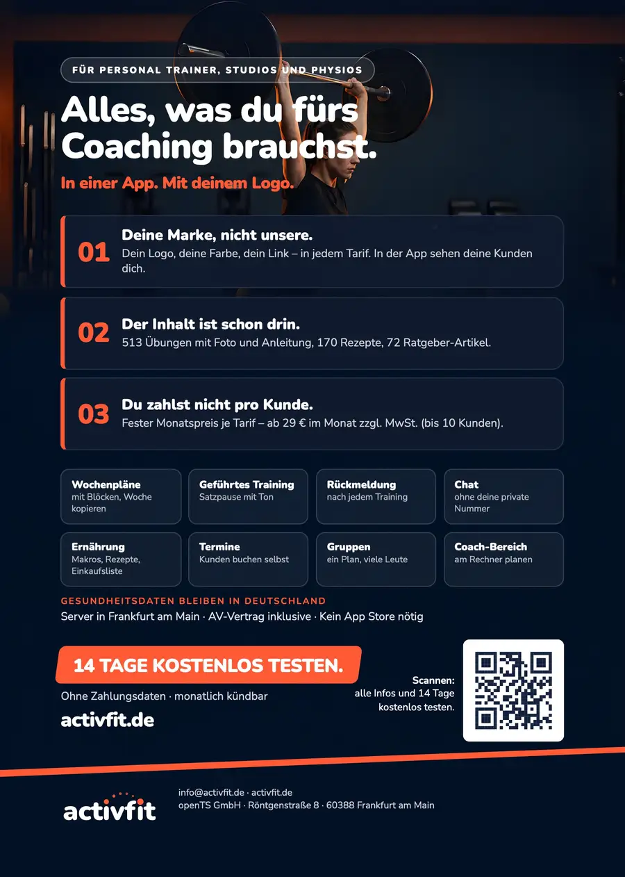 Flyer activfit: Trainings-App für Personal Trainer, Studios und Physios, Rückseite