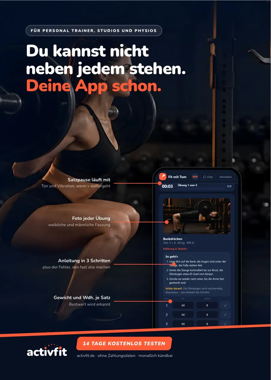 Flyer activfit: Trainings-App für Personal Trainer, Studios und Physios, Vorderseite