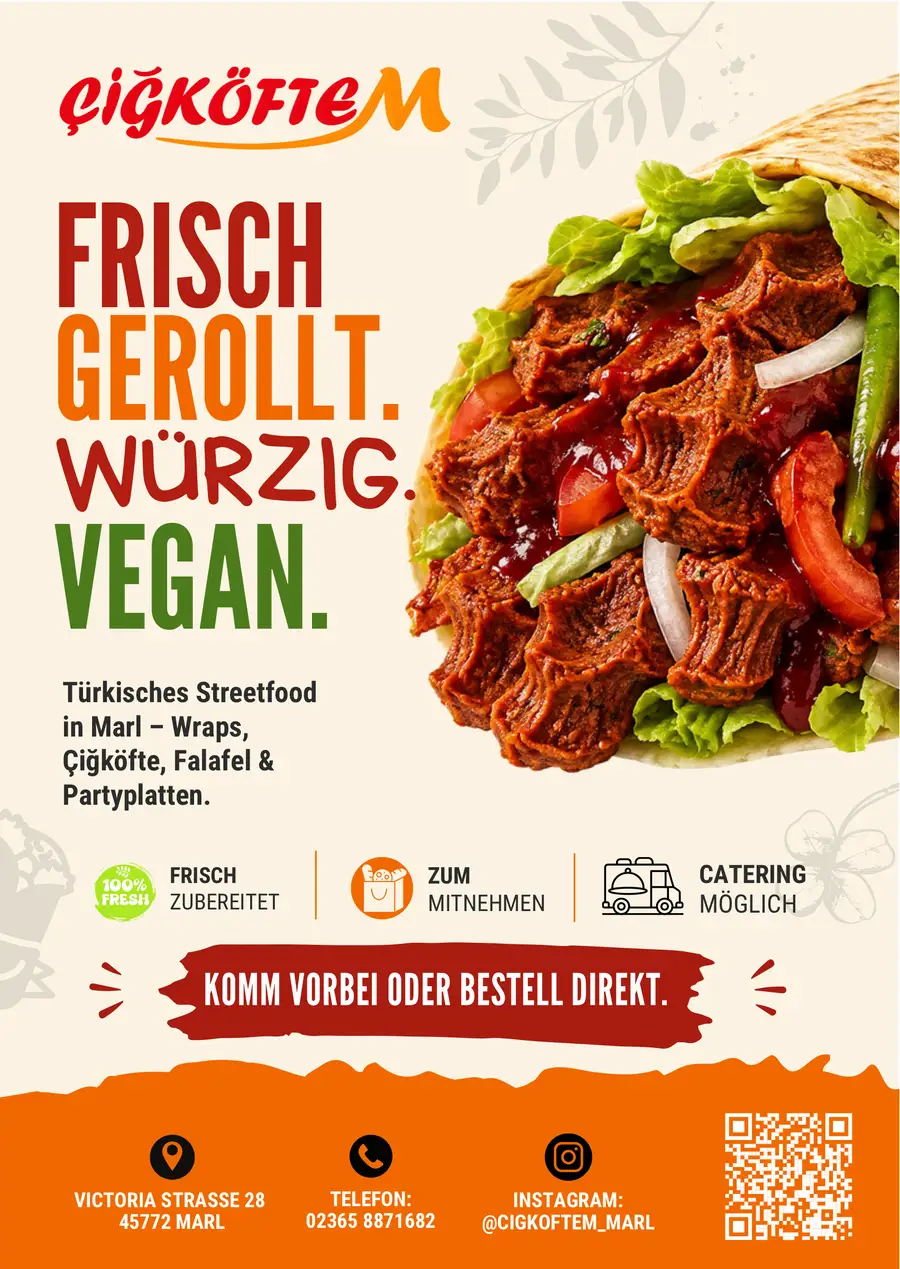 Flyer Çiğköftem Marl: türkisches Streetfood, vegan, Vorderseite