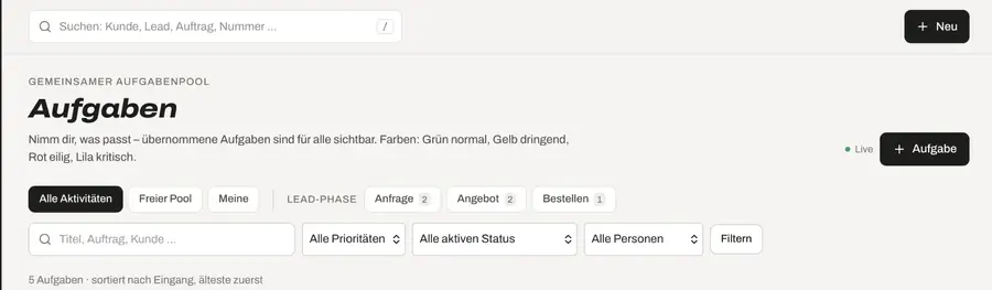 Aufgabenpool des CRM-Systems mit Filtern nach Priorität, Status und Person