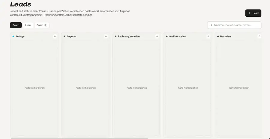 Lead-Board des CRM-Systems mit den Phasen Anfrage, Angebot, Rechnung erstellen, Grafik erstellen und Bestellen