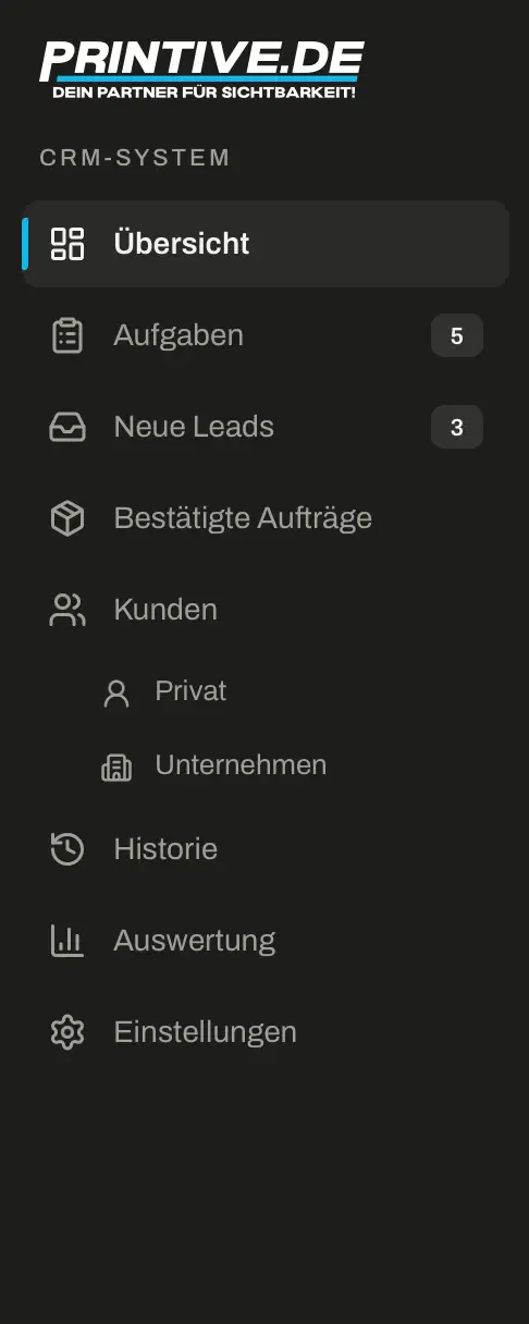 Navigation des CRM-Systems: Übersicht, Aufgaben, Leads, Aufträge, Kunden, Historie, Auswertung, Einstellungen