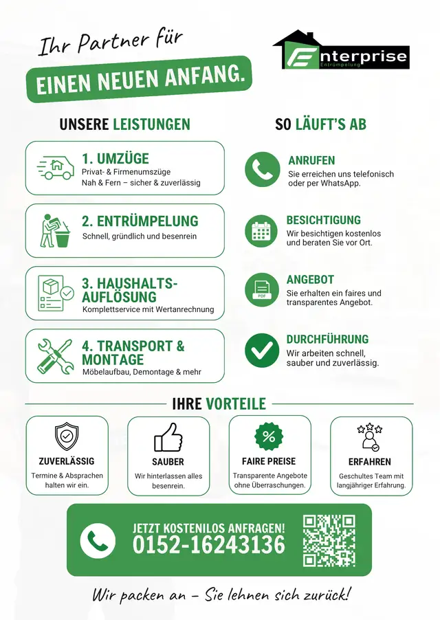 Flyer Enterprise Entrümpelung: Leistungen und Ablauf, Vorderseite