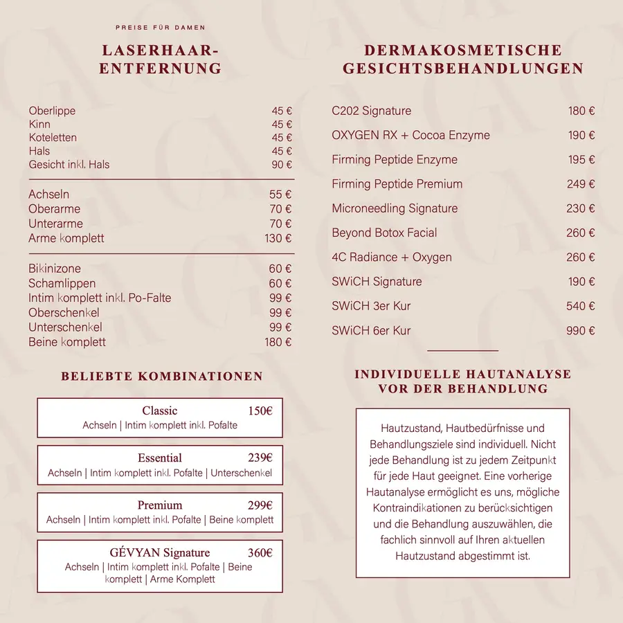 Flyer für Gévyan Aesthetics in Bordeaux und Sand, Rückseite