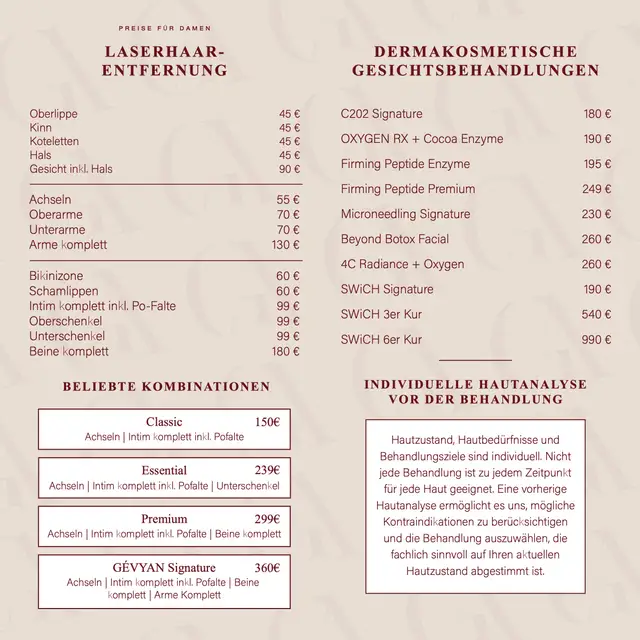 Flyer für Gévyan Aesthetics in Bordeaux und Sand, Rückseite