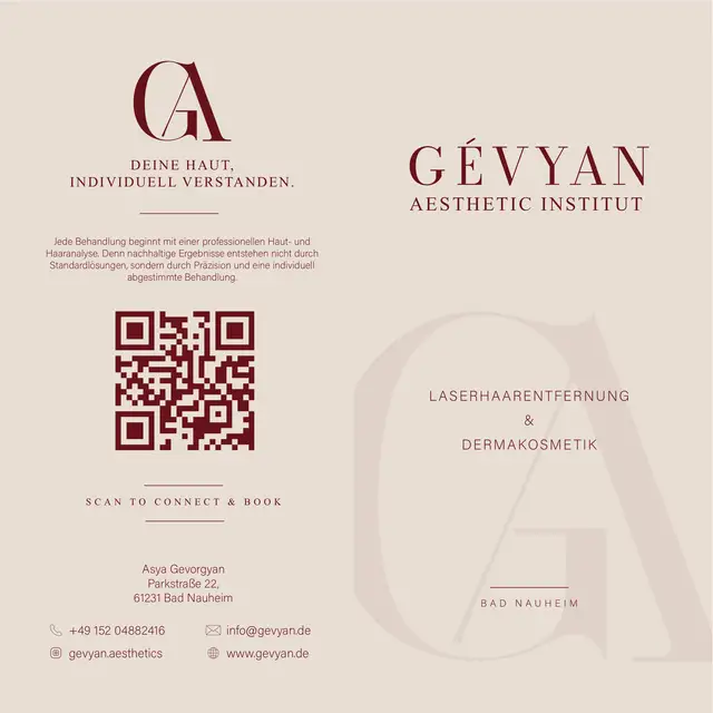 Flyer für Gévyan Aesthetics in Bordeaux und Sand, Vorderseite