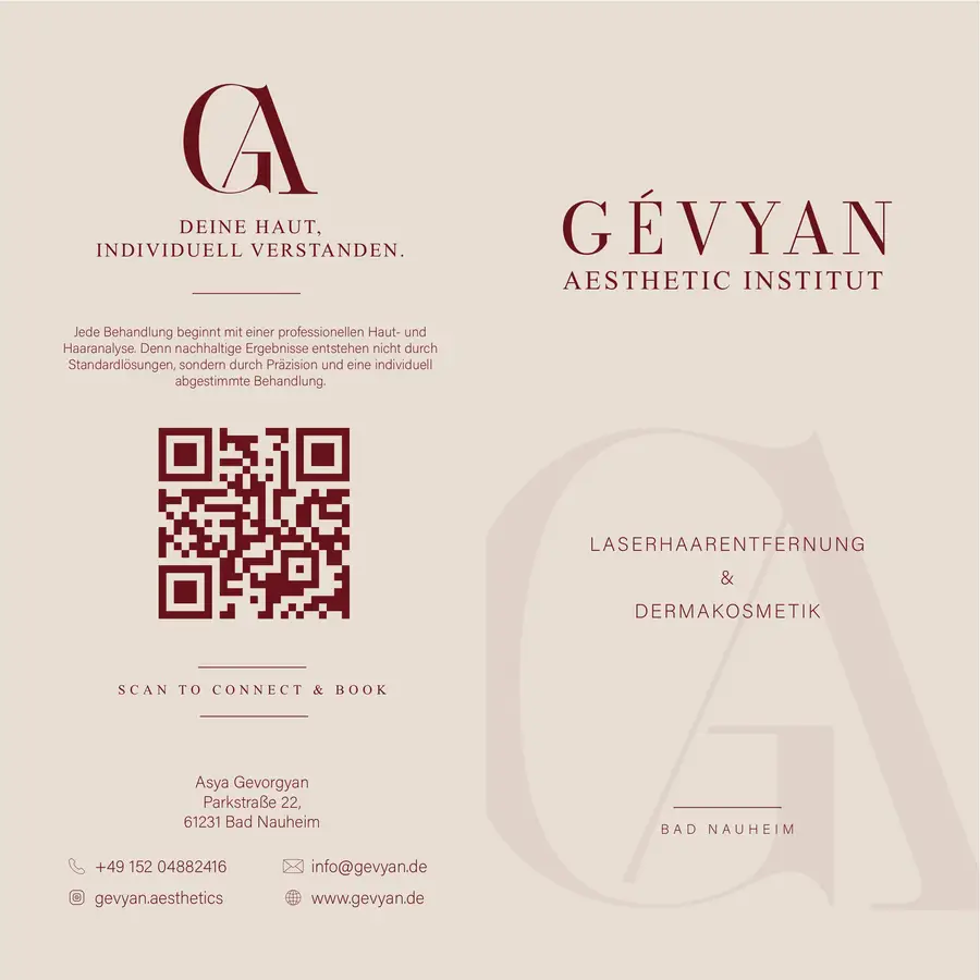 Flyer für Gévyan Aesthetics in Bordeaux und Sand, Vorderseite