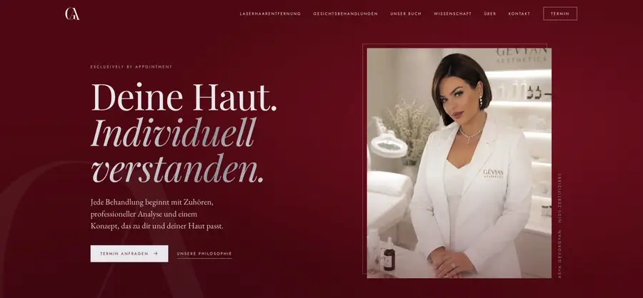 Startseite der Website gevyan.de mit Porträt der Inhaberin und Headline „Deine Haut. Individuell verstanden.“