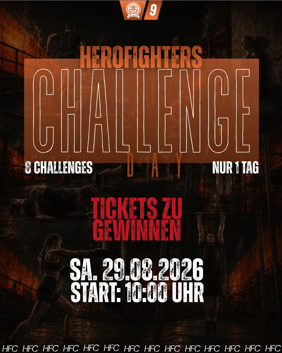 Plakat Hero Fighters Challenge Day mit acht Challenges an einem Tag