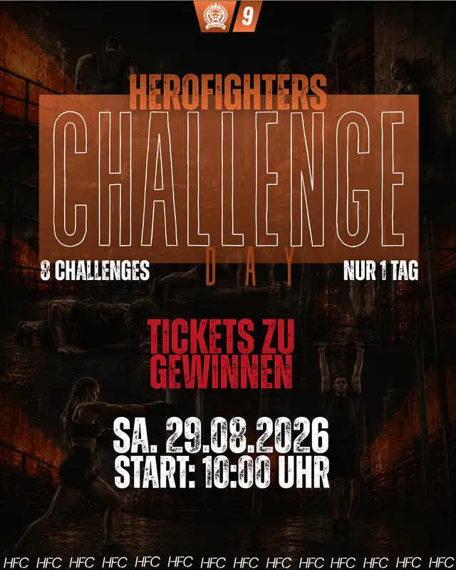 Plakat Hero Fighters Challenge Day mit acht Challenges an einem Tag