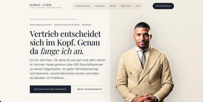 Startseite der Website jibril-sarr.de mit Porträt und Headline „Vertrieb entscheidet sich im Kopf.“