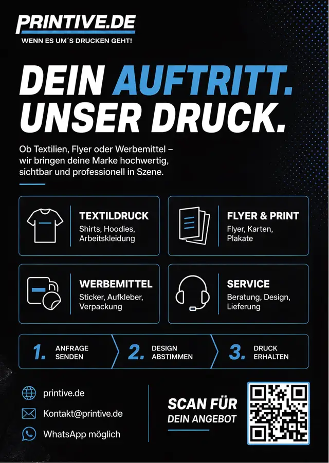 Werbeflyer für printive.de: „Alles für deinen Auftritt“ mit T-Shirt, Flyern und Visitenkarten, Rückseite