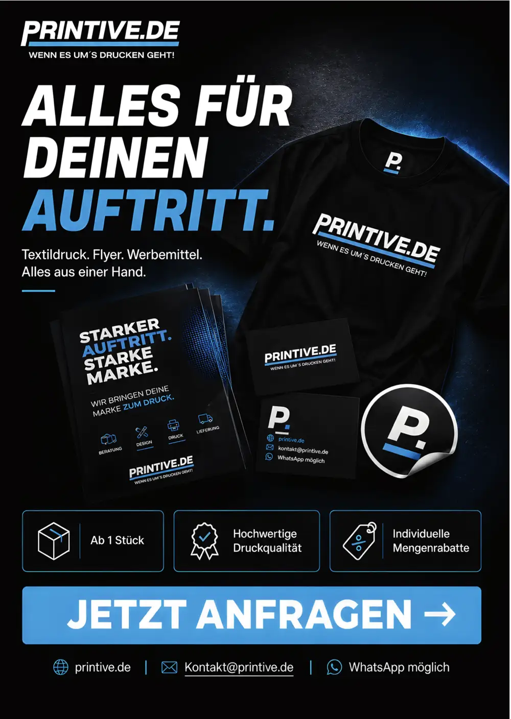 Werbeflyer für printive.de: „Alles für deinen Auftritt“ mit T-Shirt, Flyern und Visitenkarten, Vorderseite